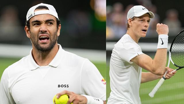 Matteo Berrettini (L) and Jannik Sinner (R) during their Wimbledon 2024 match