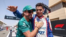 Gabriel Bortoleto and Fernando Alonso after the Formula 3 feature race at Bahrain International Circuit on March 5, 2023 in Sakhir, Bahrain