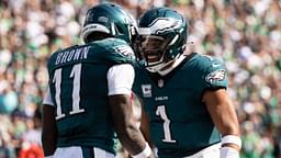 Oct 13, 2024; Philadelphia, Pennsylvania, USA; Philadelphia Eagles quarterback Jalen Hurts (1) and wide receiver A.J. Brown (11) celebrate their touchdown pass during the second quarter against the Cleveland Browns at Lincoln Financial Field.