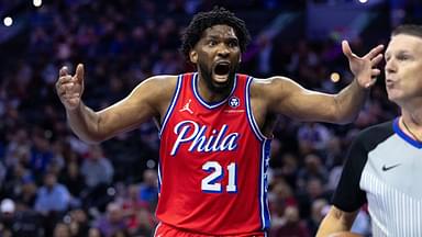 Philadelphia 76ers center Joel Embiid (21) reacts to a play against the New York Knicks during the third quarter at Wells Fargo Center