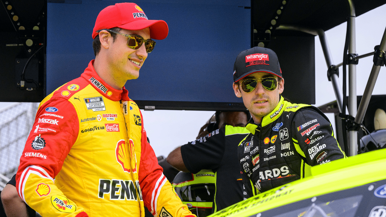 NASCAR Cup Series driver Joey Logano (left) and driver Ryan Blaney (right) during practice for the NASCAR All-Star race at Texas Motor Speedway.