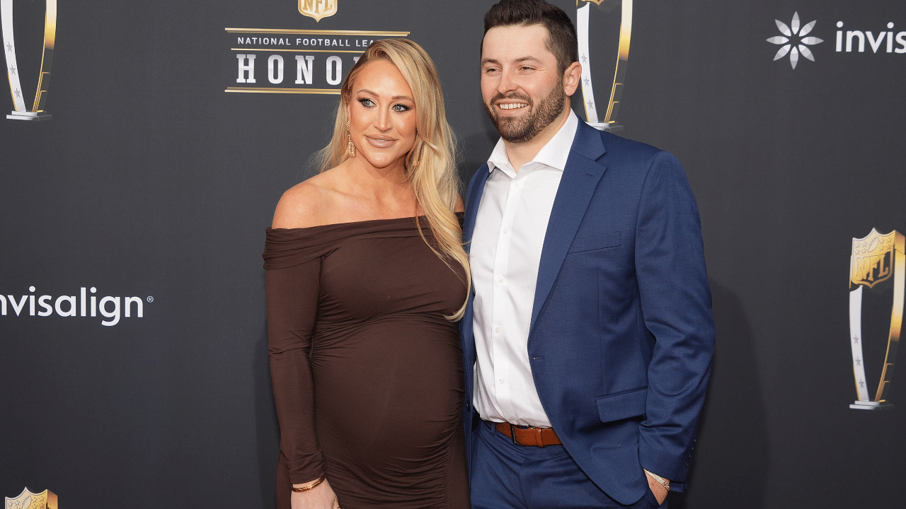 Baker Mayfield and Emily Wilkinson on the red carpet before the NFL Honors show at Resorts World Theatre.