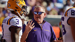 LSU Tigers head coach Brian Kelly gestures prior to the game against the Florida Gators at Ben Hill Griffin Stadium.