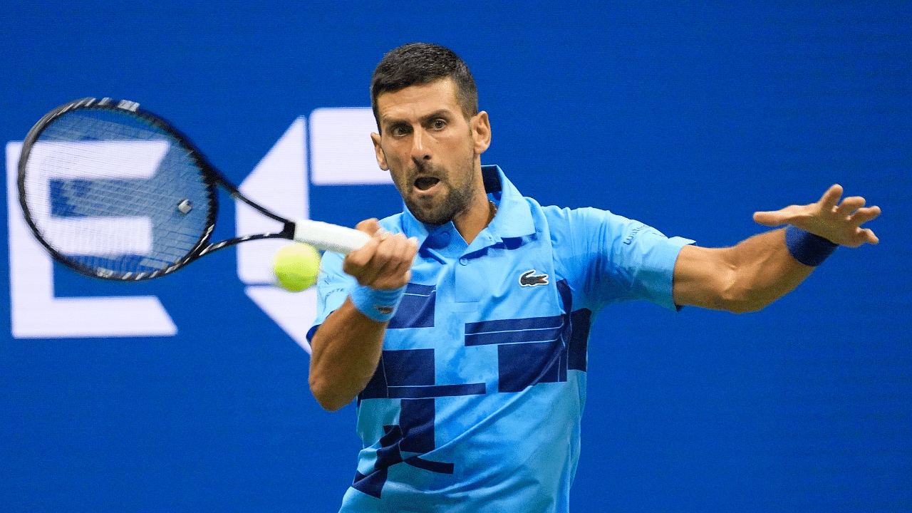 Novak Djokovic (SRB) hits to Laslo Djere (SRB) on day three of the 2024 U.S. Open