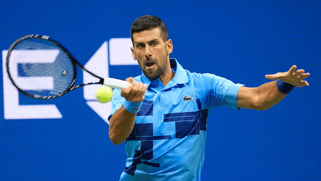 Novak Djokovic (SRB) hits to Laslo Djere (SRB) on day three of the 2024 U.S. Open