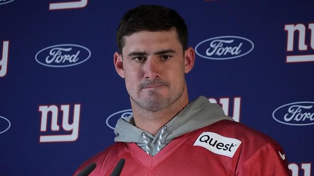 New York Giants quarterback Daniel Jones (8) during press conference at the FC Bayern Munchen training grounds at Sabener Strasse.