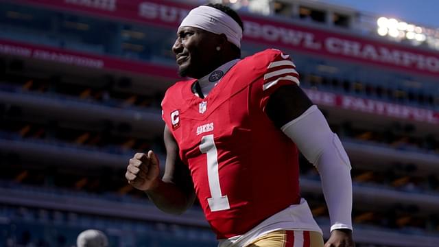 Oct 20, 2024; Santa Clara, California, USA; San Francisco 49ers wide receiver Deebo Samuel Sr. (1) jogs towards the locker room before the start of the game against the Kansas City Chiefs at Levi's Stadium.