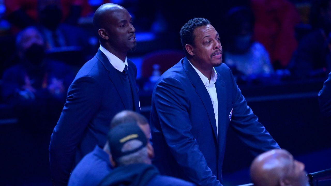 Kevin Garnett and Paul Pierce talk during halftime during the 2022 NBA All-Star Game at Rocket Mortgage FieldHouse