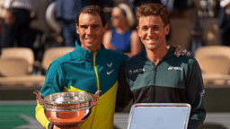 Rafael Nadal (ESP) and Casper Ruud (NOR) at the trophy presentation after the men s singles final on day 15 of the French Open