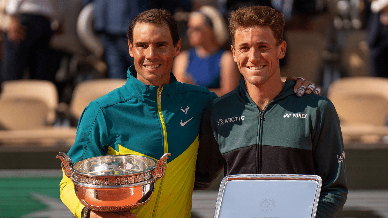 Rafael Nadal (ESP) and Casper Ruud (NOR) at the trophy presentation after the men s singles final on day 15 of the French Open