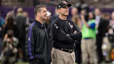 Feb 3, 2013; New Orleans, LA, USA; Baltimore Ravens head coach John Harbaugh (left) and San Francisco 49ers head coach Jim Harbaugh (right) talk before Super Bowl XLVII at the Mercedes-Benz Superdome.