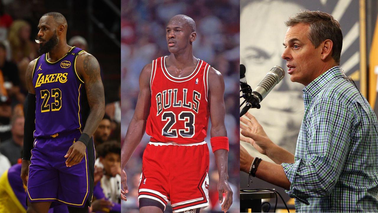 LeBron James (L), Michael Jordan (C), and Colin Cowherd (R)