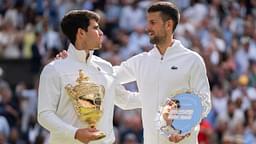 Carlos Alcaraz (L) and Novak Djokovic (R) after Wimbledon 2024 final