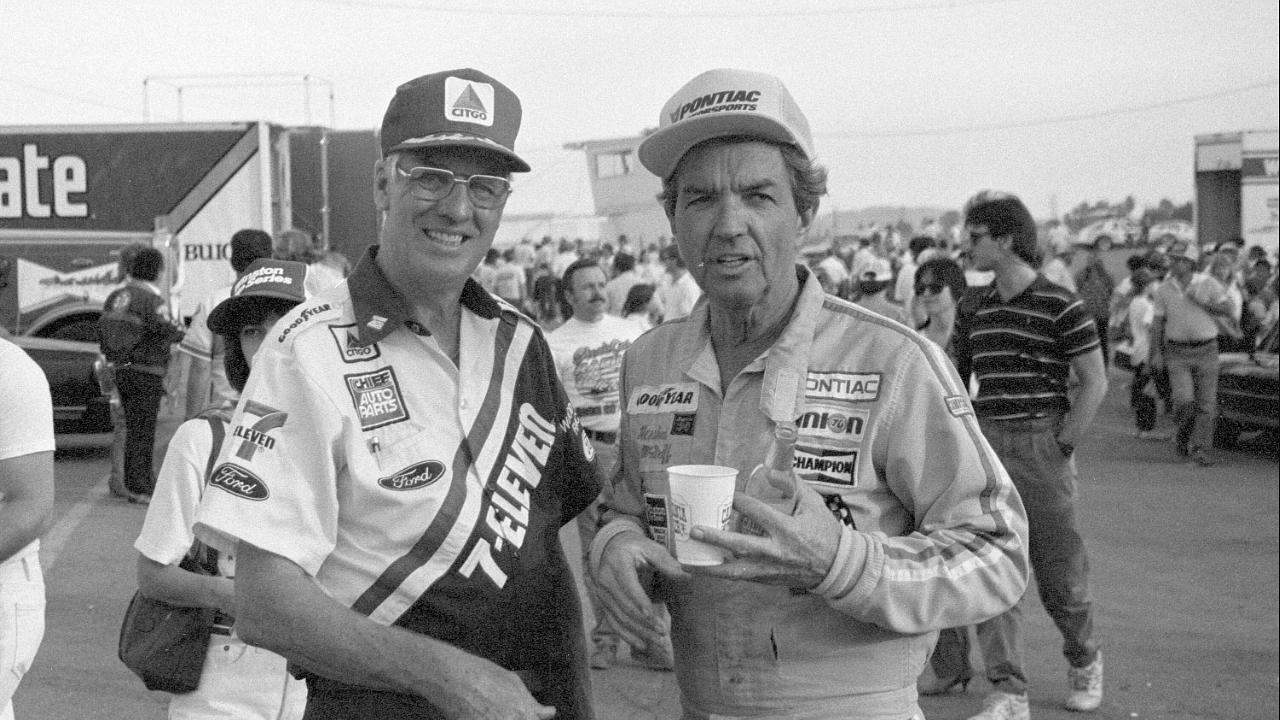 Glen Wood (left) and Hershel McGriff (04) Pontiac Grand Prix driver following the Winston Western 500 NASCAR Motorsport USA Winston Cup Series race at Riverside International Raceway in Riverside, CA.