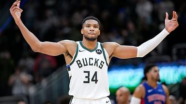 Milwaukee Bucks forward Giannis Antetokounmpo (34) celebrates following the game against the Detroit Pistons at Fiserv Forum.