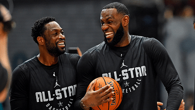 eam Lebron forward Lebron James of the Los Angeles Lakers (23) and Team Lebron guard Dwayne Wade of the Miami Heat (3) during NBA All-Star Game practice