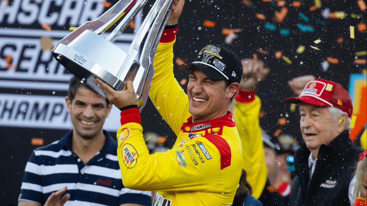 NASCAR Cup Series driver Joey Logano (22) celebrates after winning the 2024 NASCAR Cup Series championship and the NASCAR Cup Series Championship race at Phoenix Raceway.