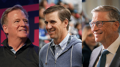 Roger Goodell (L), Eli Manning (C) and Bill Gates (R)