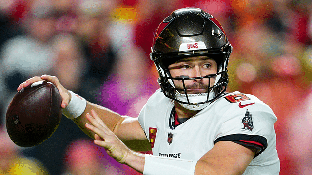 Tampa Bay Buccaneers quarterback Baker Mayfield (6) throws a pass during the first half against the Kansas City Chiefs at GEHA Field at Arrowhead Stadium.