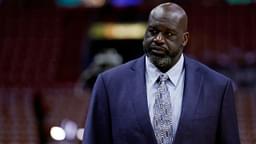 Shaquille O'Neal looks on before game four between the Miami Heat and the Boston Celtics in the Eastern Conference Finals for the 2023 NBA playoffs at Kaseya Center.