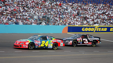 NASCAR Winston Cup Series driver Jeff Gordon (24) leads Dale Earnhardt Sr (3) during the Dura Lube 500 at Phoenix International Raceway.