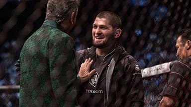 Khabib Nurmagomedov (right) greets Bruce Buffer (left) after the fight between Abubakar Nurmagomedov (red gloves) and Gadzhi Omargadzhiev (blue gloves) during UFC 280 at Etihad Arena.