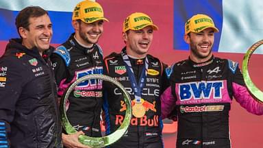 Autodromo Jose Carlos Pace, Sao Paulo, Brazil. 3.November.2024; Max Verstappen of red bull racing , Esteban Ocon and Pierre Gasly of Alpine F1 team on the podium during Formula One Brazil Grand Prix