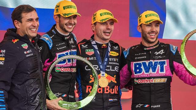 Autodromo Jose Carlos Pace, Sao Paulo, Brazil. 3.November.2024; Max Verstappen of red bull racing , Esteban Ocon and Pierre Gasly of Alpine F1 team on the podium during Formula One Brazil Grand Prix