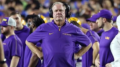 Nov 16, 2024; Gainesville, Florida, USA; LSU Tigers head coach Brian Kelly looks on against the Florida Gators during the second half at Ben Hill Griffin Stadium.