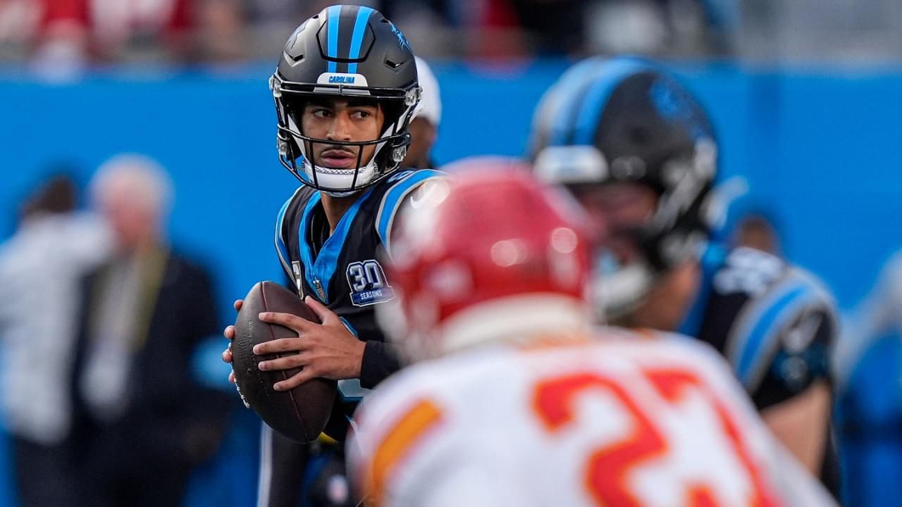 Nov 24, 2024; Charlotte, North Carolina, USA; Carolina Panthers quarterback Bryce Young (9) drops back to pass against the Kansas City Chiefs during the second half at Bank of America Stadium.