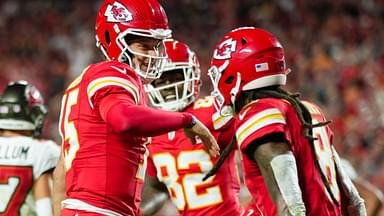 Nov 4, 2024; Kansas City, Missouri, USA; Kansas City Chiefs quarterback Patrick Mahomes (15) celebrates with wide receiver DeAndre Hopkins (8) after scoring a touchdown during the first half against the Tampa Bay Buccaneers at GEHA Field at Arrowhead Stadium.