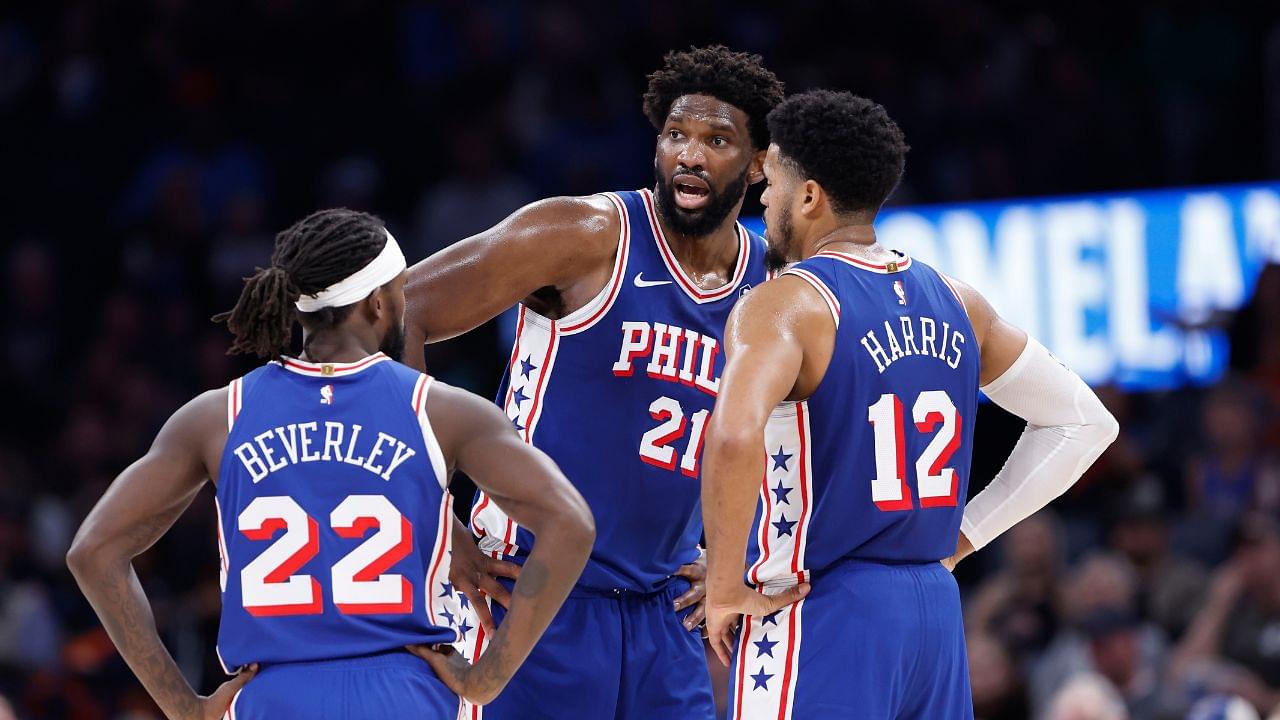 Philadelphia 76ers center Joel Embiid (21) talks to guard Patrick Beverley (22) and forward Tobias Harris (12) during a time out against the Oklahoma City Thunder during the second half at Paycom Center.