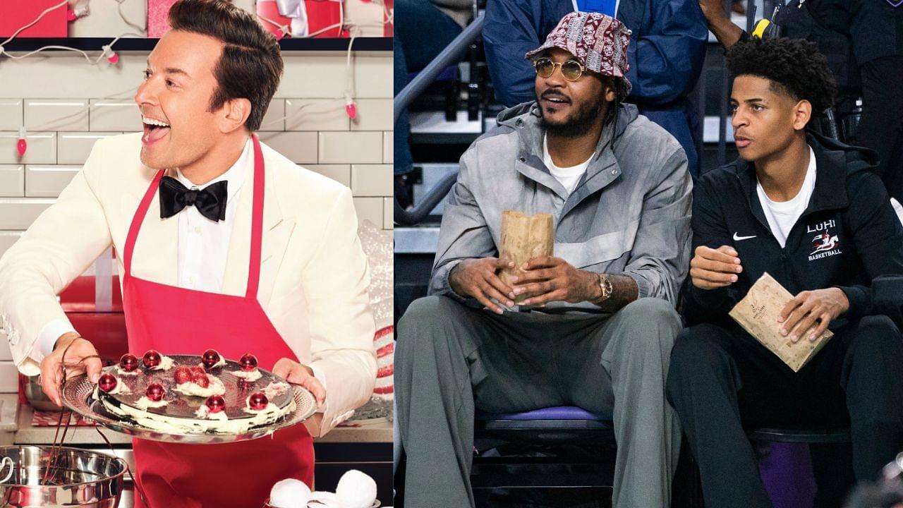 Jimmy Fallon (L) and Carmelo Anthony with Kiyan (R)