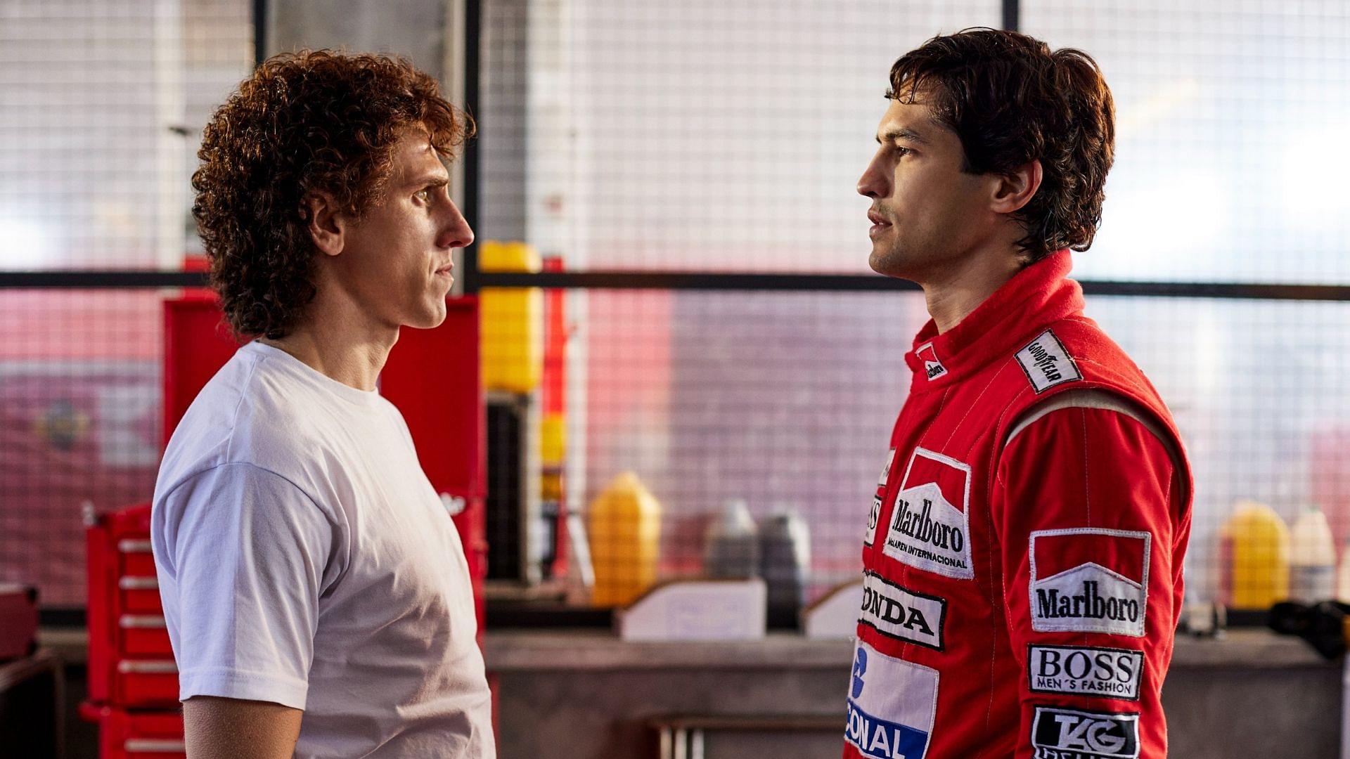 Matt Mella as Alain Prost (L) and Gabriel Leone as Ayrton Senna (R)