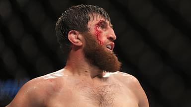 Magomed Ankalaev (blue gloves) reacts during the fight against Jan Blachowicz (red gloves) during UFC 282 at T-Mobile Arena.