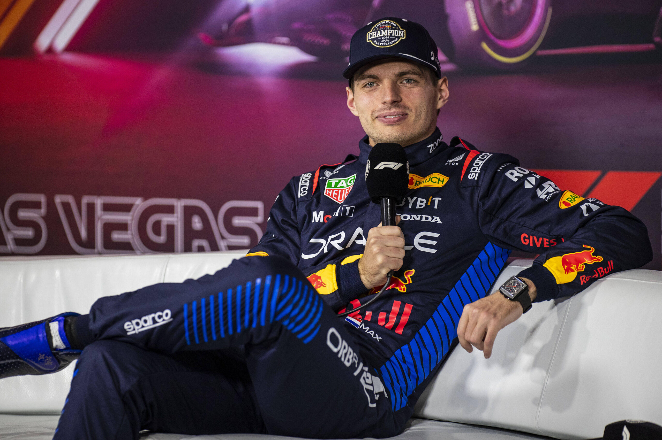 November 23 2024 Las Vegas NV, USA Red Bull Racing driver Max Verstappen (1) of Team Netherlands 4 time world champion talks about his championship win in Las Vegas and his future with Red Bull in 2025