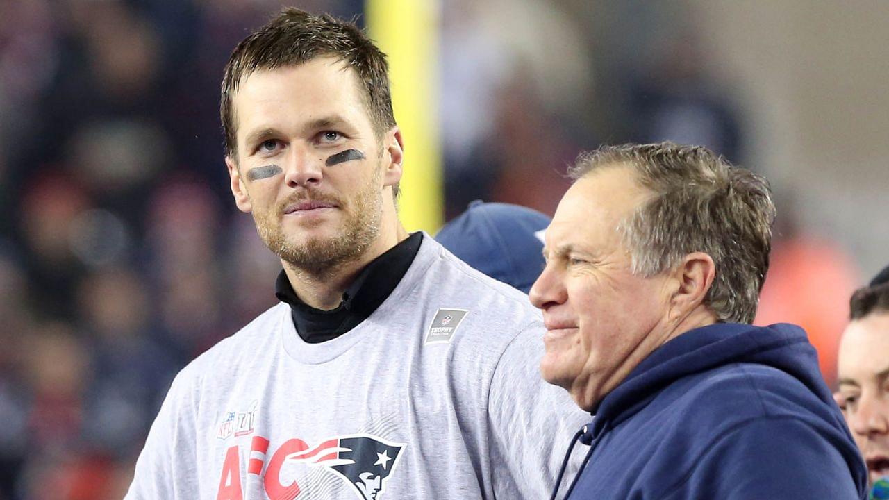 New England Patriots quarterback Tom Brady (12) and head coach Bill Belichick after beating the Pittsburgh Steelers in the 2017 AFC Championship Game at Gillette Stadium.