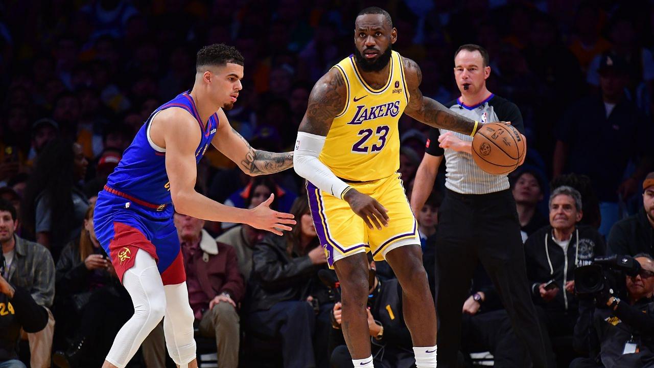 Los Angeles Lakers forward LeBron James (23) controls the ball against Denver Nuggets forward Michael Porter Jr. (1) during the first half in game three of the first round for the 2024 NBA playoffs at Crypto.com Arena