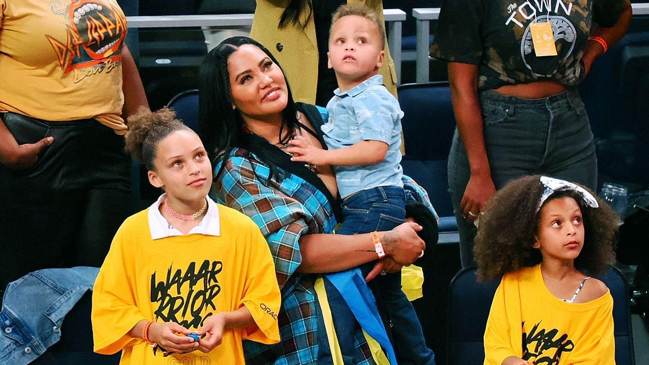 Ayesha Curry, wife of Golden State Warriors guard Stephen Curry (not pictured), with her children after winning game five of the 2022 western conference finals against the Dallas Mavericks at Chase Center.