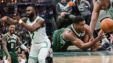 Jaylen Brown (L) and Giannis Antetokounmpo (R)