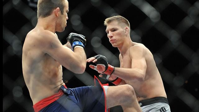 Colin Hart defends against Luke Barnatt during the TUF 17 Finale at the Mandalay Bay Events Center.