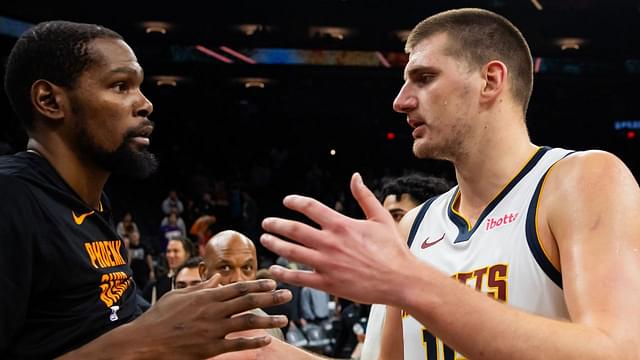 Denver Nuggets center Nikola Jokic (right) greets Phoenix Suns forward Kevin Durant following the game at Footprint Center.