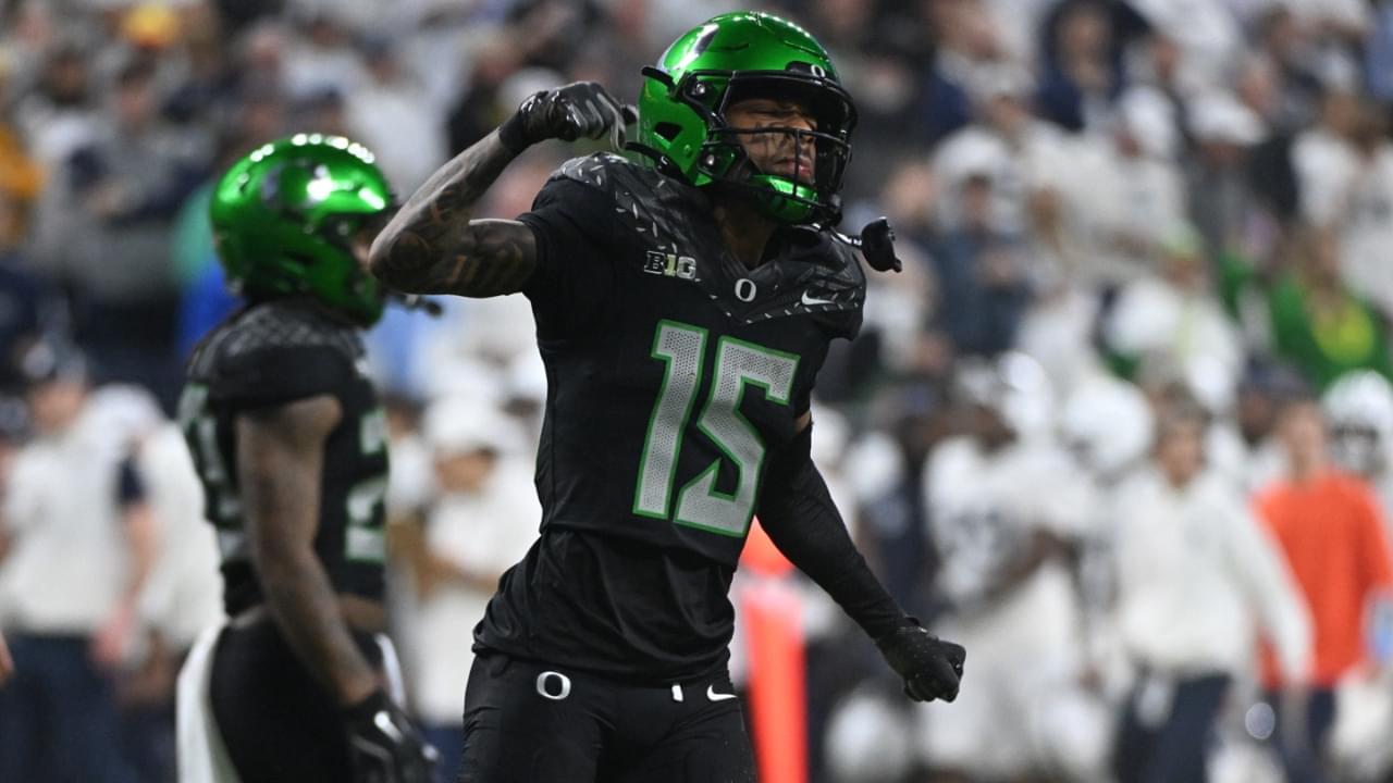 Dec 7, 2024; Indianapolis, IN, USA; Oregon Ducks wide receiver Tez Johnson (15) reacts after a run for a gain during the second quarter against the Penn State Nittany Lions in the 2024 Big Ten Championship game at Lucas Oil Stadium.