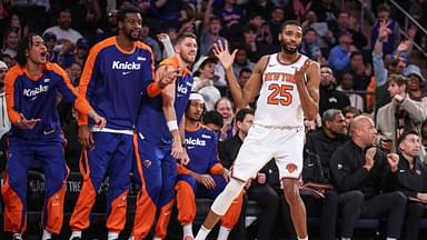 New York Knicks forward Mikal Bridges (25) reacts after hitting a three point shot in the fourth quarter against the San Antonio Spurs at Madison Square Garden