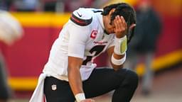 Dec 21, 2024; Kansas City, Missouri, USA; Houston Texans quarterback C.J. Stroud (7) reacts after an injury to wide receiver Tank Dell (not pictured) during the second half against the Kansas City Chiefs at GEHA Field at Arrowhead Stadium.