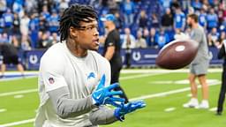 Detroit Lions wide receiver Jameson Williams (9) warms up before the game between Indianapolis Colts and Detroit Lions at Lucas Oil Stadium on Sunday, Nov. 24, 2024.