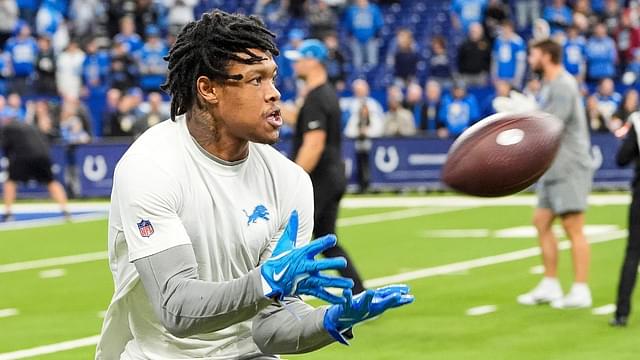 Detroit Lions wide receiver Jameson Williams (9) warms up before the game between Indianapolis Colts and Detroit Lions at Lucas Oil Stadium on Sunday, Nov. 24, 2024.