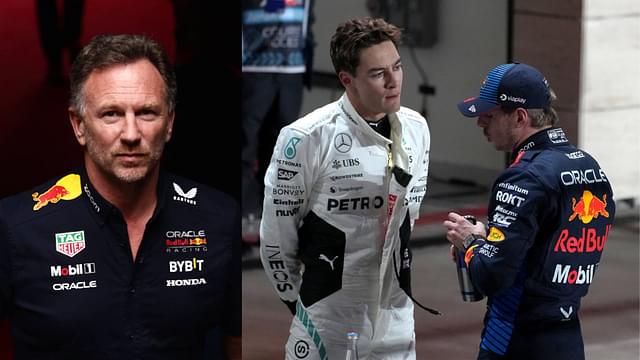 Christian Horner (L), George Russell and Max Verstappen (R)