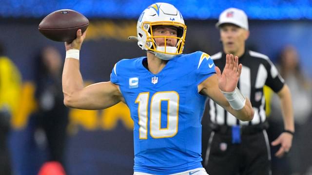 Dec 15, 2024; Inglewood, California, USA; Los Angeles Chargers quarterback Justin Herbert (10) throws a pass in the second half against the Tampa Bay Buccaneers at SoFi Stadium.