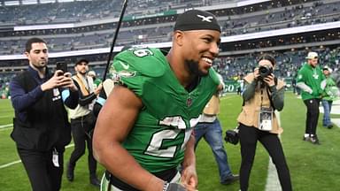 Philadelphia Eagles running back Saquon Barkley (26) runs off the field after win against the Dallas Cowboys at Lincoln Financial Field.